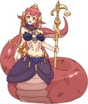  1girl :d anubis_(monster_girl_encyclopedia) anubis_(monster_girl_encyclopedia)_(cosplay) cosplay full_body jewelry lamia long_hair looking_at_viewer miia_(monster_musume) monster_girl monster_girl_encyclopedia monster_musume_no_iru_nichijou navel necktie open_mouth pointy_ears redhead rtil scales simple_background smile solo staff stomach stomach_tattoo sword tattoo very_long_hair weapon white_background yellow_eyes 