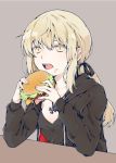  1girl :o artoria_pendragon_(all) black_shirt blonde_hair cross cross_necklace eating elbows_on_table fate/grand_order fate_(series) food food_on_face grey_background hair_between_eyes hamburger highres holding holding_food jewelry kurumikko long_hair long_sleeves looking_at_viewer millipen_(medium) necklace saber_alter shirt sidelocks simple_background solo traditional_media upper_body very_long_hair yellow_eyes 