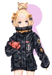  1girl abigail_williams_(fate/grand_order) absurdres bangs black_bow black_jacket blonde_hair blue_eyes blush bow commentary_request cowboy_shot fate/grand_order fate_(series) hair_bow hair_bun head_tilt highres jacket keyhole long_hair long_sleeves looking_at_viewer object_hug ohal open_mouth orange_bow parted_bangs polka_dot polka_dot_bow sleeves_past_fingers sleeves_past_wrists solo stuffed_animal stuffed_toy teddy_bear white_background 