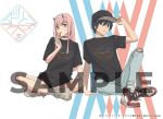  1boy 1girl bangs black_collar black_hair black_hat black_shirt black_shorts blue_eyes collar commentary_request couple darling_in_the_franxx eyebrows_visible_through_hair green_eyes grey_footwear grey_pants hair_ornament hairband hand_up hat hetero hiro_(darling_in_the_franxx) holding holding_hat holding_lollipop horns legs_crossed long_hair looking_at_viewer official_art oni_horns pants pink_hair red_horns sample shirt shoes short_hair short_shorts shorts sitting sneakers tanaka_masayoshi thighs tongue tongue_out torn_clothes torn_pants white_footwear white_hairband zero_two_(darling_in_the_franxx) 