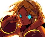  1girl bare_shoulders blonde_hair blue_eyes bow detached_sleeves expressionless face glowing glowing_eyes hair_bow hands_on_own_face headphones kagamine_rin looking_at_viewer open_mouth short_hair simple_background solo_focus sugikiyu upper_body vocaloid white_background 