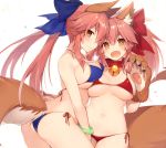  2girls animal_ear_fluff animal_ears ass bell bell_collar bikini blue_bikini blush bow bracelet breast_press breasts brown_eyes cat_paws claws cleavage collar commentary_request dual_persona fang fate/grand_order fate_(series) fox_ears fox_tail hair_bow jewelry large_breasts long_hair looking_at_viewer multiple_girls muryotaro navel open_mouth paws red_bikini redhead side-tie_bikini simple_background swimsuit tail tamamo_(fate)_(all) tamamo_cat_(fate) tamamo_no_mae_(swimsuit_lancer)_(fate) water_drop white_background 