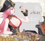  1girl bare_shoulders black_hat blue_eyes bracelet breasts cleavage detached_collar fate/grand_order fate_(series) francis_drake_(fate) gem gold hat jewelry large_breasts long_hair looking_to_the_side pink_hair pink_lips pirate_hat sara_(kurome1127) scar smile wrist_cuffs 