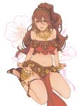  1girl anklet armlet bracelet breasts brown_hair circlet dancer flower hairband harem_outfit highres jewelry jivke long_hair looking_at_viewer midriff mole navel necklace octopath_traveler primrose_azelhart sandals sitting solo thighlet 
