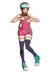  1girl alternate_costume bare_arms blush brown_eyes brown_hair flat_chest full_body headphones headphones_around_neck official_art ogura_eisuke open_mouth overalls shoes short_hair simple_background sneakers snk snk_heroines:_tag_team_frenzy solo standing_on_one_leg the_king_of_fighters thigh-highs transparent_background wristband yuri_sakazaki 