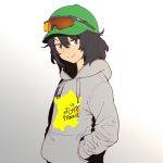  1girl andou_(girls_und_panzer) bangs black_hair brown_eyes casual closed_mouth commentary_request dark_skin drawstring eyewear_on_head girls_und_panzer gradient gradient_background green_hat grey_background grey_shirt hands_in_pockets hat highres hood hoodie long_sleeves looking_at_viewer medium_hair messy_hair onsen_tamago_(hs_egg) print_shirt shirt smile solo standing sunglasses tour_de_france upper_body v-shaped_eyebrows 