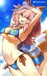  1girl animal_ear_fluff animal_ears armpits arms_up bangs bare_shoulders bikini blue_bikini blue_sky blush breasts cleavage clouds collarbone fate/extra fate/grand_order fate_(series) fox_ears fox_tail hair_between_eyes innertube jewelry large_breasts long_hair looking_at_viewer navel necklace open_mouth pink_hair sky smile solo sunlight super_zombie swimsuit tail tamamo_(fate)_(all) tamamo_no_mae_(swimsuit_lancer)_(fate) under_boob yellow_eyes 