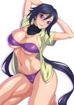  1girl :d arched_back arms_behind_head arms_up ayame_(gundam_build_divers) bangs bare_legs barefoot bikini black_hair blush breasts cleavage commentary_request covered_collarbone detached_collar groin gundam gundam_build_divers hair_between_eyes head_tilt highres kneeling large_breasts long_hair looking_at_viewer low_ponytail navel nib_pen_(medium) open_clothes open_mouth open_shirt ozaneko purple_bikini shadow shiny shiny_hair shiny_skin shirt short_sleeves sidelocks simple_background smile solo split_ponytail stomach strapless strapless_bikini swimsuit thick_thighs thighs traditional_media turtleneck upper_teeth very_long_hair violet_eyes white_background yellow_shirt 