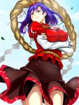  1girl arms_under_breasts blouse breast_hold breasts brown_skirt commentary_request crossed_arms hair_ornament hokkoru large_breasts leaf leaf_hair_ornament long_skirt looking_at_viewer looking_down maple_leaf purple_hair red_blouse red_eyes rope shide shimenawa short_hair skirt solo touhou white_sleeves yasaka_kanako 