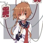  1girl absurdres breasts brown_eyes brown_hair commentary_request folded_ponytail hair_over_one_eye highres inazuma_(kantai_collection) intravenous_drip kantai_collection long_sleeves looking_at_viewer medium_breasts neckerchief sakakiba_misogi school_uniform serafuku solo 