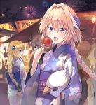  2boys 3girls astolfo_(fate) bangs black_bow black_eyes blonde_hair blue_eyes blue_flower blue_kimono blush bow braid brown_hair candy_apple commentary_request eyebrows_visible_through_hair fang fate/apocrypha fate_(series) festival fireworks floating_hair floral_print flower food hair_between_eyes hair_bow hair_flower hair_intakes hair_ornament highres holding holding_food holding_stuffed_animal index_finger_raised japanese_clothes jeanne_d&#039;arc_(fate) jeanne_d&#039;arc_(fate)_(all) kimono kusumoto_touka long_hair long_sleeves looking_at_viewer multicolored_hair multiple_boys multiple_girls night night_sky obi open_mouth orange_hair outdoors pink_hair sash shiny shiny_hair sidelocks sieg_(fate/apocrypha) single_braid sky smile stand standing streaked_hair stuffed_animal stuffed_toy summer_festival trap tree violet_eyes wide_sleeves yukata 