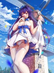  1girl absurdres bare_shoulders benghuai_xueyuan blue_flower blue_sky breasts clouds day dress flower garter_straps gloves hair_flower hair_ornament highres honkai_impact huge_filesize large_breasts lingerie long_hair looking_at_viewer panties pantyshot purple_hair raiden_mei short_dress sky solo standing underwear violet_eyes white_dress white_gloves white_legwear white_panties zombie-andy 