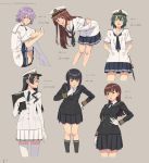  6+girls bangs black_hair black_skirt blunt_bangs blush braid brown_hair buttons cellphone character_name clipboard commentary_request dated double-breasted epaulettes eyebrows_visible_through_hair finger_to_mouth gloves green_eyes green_hair grey_background hair_between_eyes hand_on_hip hat kantai_collection key_kun kiso_(kantai_collection) kitakami_(kantai_collection) kuma_(kantai_collection) leaning_forward long_hair looking_at_viewer military military_uniform multiple_girls naval_uniform necktie ooi_(kantai_collection) ooyodo_(kantai_collection) open_mouth panties pantyshot peaked_cap phone pink_hair pleated_skirt semi-rimless_eyewear shirt short_hair sidelocks simple_background single_braid sitting skirt smartphone sword tama_(kantai_collection) thigh-highs under-rim_eyewear underwear uniform violet_eyes weapon white_gloves white_legwear white_shirt white_skirt 