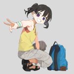  1girl backpack backpack_removed bag bangs between_legs black_footwear black_hair blue_backpack capri_pants commentary_request grey_background grey_pants grin hand_between_legs highres kuraue_hinata looking_at_viewer machi_(wm) outstretched_arm pants pocket sandals simple_background smile solo squatting sweatband tank_top twintails v v-shaped_eyebrows violet_eyes wristband yama_no_susume yellow_tank_top 