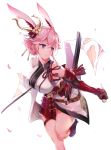  1girl absurdres animal_ears armor bangs benghuai_xueyuan breasts dual_wielding highres holding holding_sword holding_weapon honkai_impact japanese_clothes katana kimono large_breasts looking_at_viewer pink_hair rabbit_ears short_hair short_kimono simple_background solo sword violet_eyes weapon white_background yae_sakura_(benghuai_xueyuan) zombie-andy 