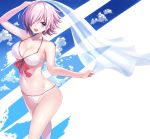  1girl adapted_costume bikini blue_sky clouds fate/grand_order fate_(series) hair_over_one_eye highres lavender_hair mash_kyrielight nagiha_kuten open_mouth purple_hair short_hair sky smile solo swimsuit swimsuit_of_perpetual_summer towel violet_eyes white_bikini white_towel 