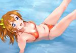  10s 1girl bangs bikini birthday blue_eyes blush breasts cleavage commentary_request cute hair_ribbon highres keisuke_(0320030103200301) kousaka_honoka large_breasts looking_at_viewer love_live! love_live!_school_idol_project navel orange_bikini orange_hair ribbon short_hair side_ponytail solo sparkle swimsuit water wet 