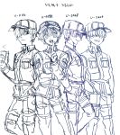  4boys black_eyes collared_shirt contrapossto cup disposable_cup hair_over_eyes hair_over_one_eye hand_on_hip hat hataraku_saibou highres index_finger_raised looking_at_viewer male_focus monochrome multiple_boys open_mouth shaded_face shirt sketch smile u-1146 u-2048 u-2626 u-4989 white_blood_cell_(hataraku_saibou) 