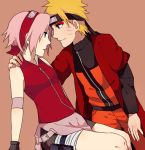  1boy 1girl bad_id bad_pixiv_id bike_shorts blonde_hair breasts facial_mark forehead_protector haruno_sakura konohagakure_symbol naruto naruto_(series) naruto_shippuuden ninja sera_(serappi) short_hair spiky_hair uzumaki_naruto whisker_markings 