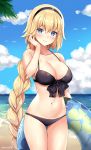  1girl absurdly_long_hair bangs bare_arms bare_shoulders beach bikini black_bikini black_hairband blonde_hair blue_eyes blue_innertube blue_sky blush braid breasts cleavage clouds collarbone commentary_request cowboy_shot day eyebrows_visible_through_hair fate/apocrypha fate_(series) front-tie_bikini front-tie_top hair_between_eyes hair_tucking hairband hand_up head_tilt highres horizon innertube jeanne_d&#039;arc_(fate) jeanne_d&#039;arc_(fate)_(all) kaetzchen large_breasts long_hair looking_at_viewer medium_breasts navel ocean outdoors sand signature single_braid sky smile solo swimsuit thigh_gap transparent very_long_hair water 