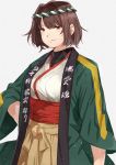  1girl absurdres brown_eyes brown_hair commentary_request cowboy_shot hair_intakes hakama hand_on_hip happi headband highres hyuuga_(kantai_collection) japanese_clothes kanmiya_shinobu kantai_collection looking_at_viewer nontraditional_miko sarashi short_hair solo white_background 