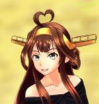  1girl absurdres ahoge bare_shoulders bayern_yamato black_dress brown_hair collarbone commentary_request double_bun dress grey_eyes hairband heart_ahoge highres kantai_collection kongou_(kantai_collection) long_hair looking_at_viewer remodel_(kantai_collection) solo strapless strapless_dress 