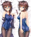  1girl ahoge arena_(company) ass bare_shoulders bespectacled black_jacket black_legwear blue_eyes blush braid brand_name_imitation breasts brown_hair closed_mouth clothes_around_waist collarbone competition_school_swimsuit dakimakura erect_nipples glasses hair_flaps hair_ornament hand_under_clothes highres impossible_clothes jacket jacket_around_waist jewelry kantai_collection kotatsu_(kotatsu358) long_hair looking_at_viewer lying medium_breasts multiple_views on_back on_stomach one-piece_swimsuit pantyhose pantyhose_under_swimsuit parted_lips remodel_(kantai_collection) ring shigure_(kantai_collection) shirt sideboob swimsuit thighband_pantyhose wedding_band white_shirt 