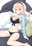  1girl animal bag bangs barefoot bikini black_bikini blonde_hair blue_eyes blue_jacket blush braid breasts cleavage closed_mouth collarbone commentary_request dolphin eyebrows_visible_through_hair fate/apocrypha fate/grand_order fate_(series) front-tie_bikini front-tie_top hair_between_eyes hand_up highres hood hood_down hooded_jacket jacket jeanne_d&#039;arc_(fate) jeanne_d&#039;arc_(fate)_(all) jilu long_hair long_sleeves medium_breasts navel open_clothes open_jacket single_braid sitting smile solo swimsuit very_long_hair wariza 