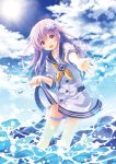  1girl :d blue_sky blush choker clouds cloudy_sky cowboy_shot d-pad d-pad_hair_ornament day dress hair_between_eyes hair_ornament highres holster long_hair looking_at_viewer narinn neckerchief nepgear neptune_(series) open_mouth outstretched_hand purple_hair reaching_out sailor_dress skirt_hold sky smile solo splashing sun violet_eyes wading water white_choker yellow_neckwear 