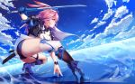  1girl absurdres animal_ears ass asymmetrical_legwear bangs benghuai_xueyuan blue_sky boots breasts day gloves highres holding holding_sword holding_weapon huge_filesize jacket large_breasts long_hair pink_hair rabbit_ears shorts single_thighhigh sky solo sword thigh-highs weapon white_legwear yae_sakura_(benghuai_xueyuan) zombie-andy 