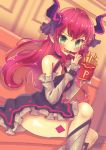  1girl asymmetrical_horns bangs bare_shoulders blush breasts commentary_request detached_sleeves dress dutch_angle eating elizabeth_bathory_(fate) elizabeth_bathory_(fate)_(all) fate/extra fate/extra_ccc fate_(series) fingernails food french_fries frilled_dress frilled_sleeves frills green_eyes holding holding_food legs_crossed long_fingernails long_hair long_sleeves looking_at_viewer nail_polish open_mouth pink_nails pointy_ears purple_hair sakurai_kouji short_dress signature single_letter sitting small_breasts solo tsurime v-shaped_eyebrows wavy_hair 