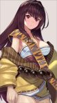  1girl bangs bare_shoulders bead_belt beads beppu_mitsunaka blush breasts brown_hair cleavage collarbone cosplay cowboy_shot fate/grand_order fate_(series) frown highres ibaraki_douji_(fate/grand_order) ibaraki_douji_(fate/grand_order)_(cosplay) japanese_clothes kimono large_breasts long_hair long_sleeves looking_at_viewer red_eyes scathach_(fate)_(all) scathach_(fate/grand_order) short_kimono simple_background yellow_kimono 