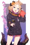  1girl abigail_williams_(fate/grand_order) alternate_hairstyle bandaid_on_forehead bangs belt black_bow black_jacket blonde_hair blue_eyes border bow fate/grand_order fate_(series) forehead hair_bow hair_bun high_collar highres holding holding_stuffed_animal jacket kio_(yumekuikio) long_hair looking_at_viewer open_mouth orange_bow over_shoulder parted_bangs polka_dot polka_dot_bow purple_background sleeves_past_fingers sleeves_past_wrists solo stuffed_animal stuffed_toy teddy_bear tentacle thighs translated white_border 