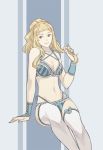  1girl blonde_hair bra breasts clair_(fire_emblem) fire_emblem fire_emblem_echoes:_mou_hitori_no_eiyuuou ika_tko long_hair looking_at_viewer navel panties ponytail simple_background smile solo underwear underwear_only 