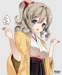  1girl blue_eyes bow breasts drill_hair furisode grey_background hair_between_eyes hair_bow hair_ribbon hakama hakama_skirt hatakaze_(kantai_collection) highres itotin japanese_clothes kantai_collection kimono light_brown_hair long_hair looking_at_viewer meiji_schoolgirl_uniform open_mouth ponytail red_ribbon ribbon simple_background small_breasts smile solo twitter_username yellow_kimono 
