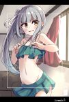  1girl bikini blush book breasts eyebrows_visible_through_hair green_bikini grey_hair highres kantai_collection kasumi_(kantai_collection) long_hair looking_at_viewer open_mouth room side_ponytail small_breasts solo soramuko swimsuit window yellow_eyes 