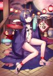  1girl :p alcohol apple barefoot bikini black_bikini bottle breasts cup fate/grand_order fate_(series) food fruit full_moon grapes hair_ornament highres horns japanese_clothes kimono lantern legs micro_bikini moon navel night off_shoulder oni open_clothes open_kimono purple_hair raizen_(jung_0000) sakazuki sake short_hair shuten_douji_(fate/grand_order) sitting small_breasts smile soles solo swimsuit toes tongue tongue_out violet_eyes 