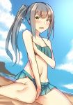  1girl bangs beach between_legs bikini blue_bikini blue_sky blush breasts clouds collarbone covering covering_one_breast day eyebrows_visible_through_hair frilled_bikini frills grey_hair hair_ribbon hand_between_legs kantai_collection kasumi_(kantai_collection) long_hair looking_at_viewer ocean open_mouth outdoors pallad remodel_(kantai_collection) ribbon sand side_ponytail sidelocks sitting sky small_breasts swimsuit wariza white_ribbon 