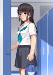  1girl black_hair brown_eyes closed_mouth eto eyebrows_visible_through_hair highres holding indoors locker locker_room long_hair original pleated_skirt revision school_uniform serafuku skirt solo standing 