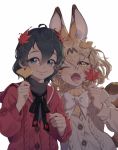  2girls :3 alternate_costume animal_ears backlighting black_hair blonde_hair blue_eyes bow bowtie commentary_request eyebrows_visible_through_hair fangs hair_ornament hairclip halin2rang kaban_(kemono_friends) kemono_friends korean_commentary leaf leaf_on_head long_hair maple_leaf multicolored_hair multiple_girls muted_color neck_ribbon one_eye_closed open_mouth ribbon sailor_collar serval_(kemono_friends) serval_ears serval_print serval_tail short_hair simple_background smile sweater tail turtleneck turtleneck_sweater white_background winter_clothes yellow_eyes 
