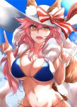  1girl animal_ears bikini blue_bikini blush breasts cleavage collarbone day ears_through_headwear fang fate/grand_order fate_(series) fox_ears fox_shadow_puppet fox_tail groin hat highres looking_at_viewer nail_polish navel open_mouth outdoors pink_hair ribbon side-tie_bikini solo striped striped_ribbon sun_hat swimsuit tail tamamo_(fate)_(all) tamamo_no_mae_(swimsuit_lancer)_(fate) yellow_eyes yuki_maccha_(yukimattya10) 