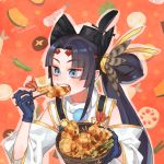  1girl bangs black_gloves black_hair black_hat blue_eyes blush bowl chopsticks detached_sleeves eating fate/grand_order fate_(series) feathers food gloves hat holding holding_bowl holding_chopsticks looking_to_the_side parted_bangs sara_(kurome1127) shrimp shrimp_tempura tempura upper_body ushiwakamaru_(fate/grand_order) 