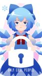  1girl blue_bow blue_eyes blue_hair bow cirno closed_mouth english eyebrows_visible_through_hair hair_bow highres ice ice_wings keyhole lock looking_at_viewer phone_wallpaper pun short_hair snowflakes solo touhou wings yoruny 