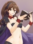  1girl alternate_costume book breasts brown_hair cape gloves highres jewelry long_hair looking_at_viewer navel octopath_traveler primrose_azelhart shikimiorange simple_background smile solo 