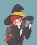  1girl bangs bell black_gloves blunt_bangs cat commentary glasses gloves hat highres long_hair original red_eyes redhead robe simple_background star wide_sleeves witch witch_hat yukimoto_shuuji_(gurigura) 