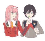  1boy 1girl bangs black_hair blue_eyes candy commentary_request couple darling_in_the_franxx eyebrows_visible_through_hair food green_eyes hair_ornament hairband hand_up hetero hiro_(darling_in_the_franxx) holding holding_food holding_lollipop horns in_mouth lollipop long_hair long_sleeves mekune military military_uniform necktie oni_horns orange_neckwear pink_hair red_horns red_neckwear sharing_food short_hair uniform white_hairband zero_two_(darling_in_the_franxx) 