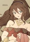  1girl blush bracelet brown_hair dancer jewelry long_hair looking_at_viewer necklace octopath_traveler primrose_azelhart simple_background solo you_haruka 