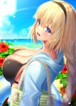  1girl :d bag bangs bikini black_bikini black_hairband blonde_hair blue_eyes blue_innertube blue_jacket blue_sky blurry blurry_background blush braid breasts cleavage clouds commentary_request day depth_of_field eyebrows_visible_through_hair fate/grand_order fate_(series) flower hair_between_eyes hairband head_tilt highres hood hood_down hooded_jacket innertube jacket jeanne_d&#039;arc_(fate) jeanne_d&#039;arc_(fate)_(all) jiiwara large_breasts long_hair looking_at_viewer looking_to_the_side open_clothes open_jacket open_mouth outdoors red_flower skindentation sky smile solo swimsuit very_long_hair 