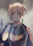  1girl bangs black_gloves black_neckwear blonde_hair blush braid breasts cityscape closed_mouth clouds cloudy_sky collared_shirt corset day expressionless eyebrows_visible_through_hair french_braid girls_frontline gloves green_eyes half_gloves hand_on_own_shoulder jacket_on_shoulders looking_at_viewer medium_breasts necktie outdoors ruins shinobu_(kobanatu) shirt short_hair sidelocks sky sleeves_rolled_up solo striped_vest twintails upper_body vest welrod_mk2_(girls_frontline) white_shirt 
