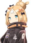  1girl abigail_williams_(fate/grand_order) absurdres bangs black_bow black_dress blonde_hair blue_eyes blush bow closed_mouth commentary_request dress eyebrows_visible_through_hair fate/grand_order fate_(series) hair_bow hair_bun highres long_hair long_sleeves looking_at_viewer orange_bow parted_bangs polka_dot polka_dot_bow shibakame simple_background solo star upper_body white_background 